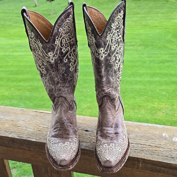 Corral Teens Girls Brown and Cream Embroidery Western Cowgirl Boots Size 2 - Picture 1 of 7